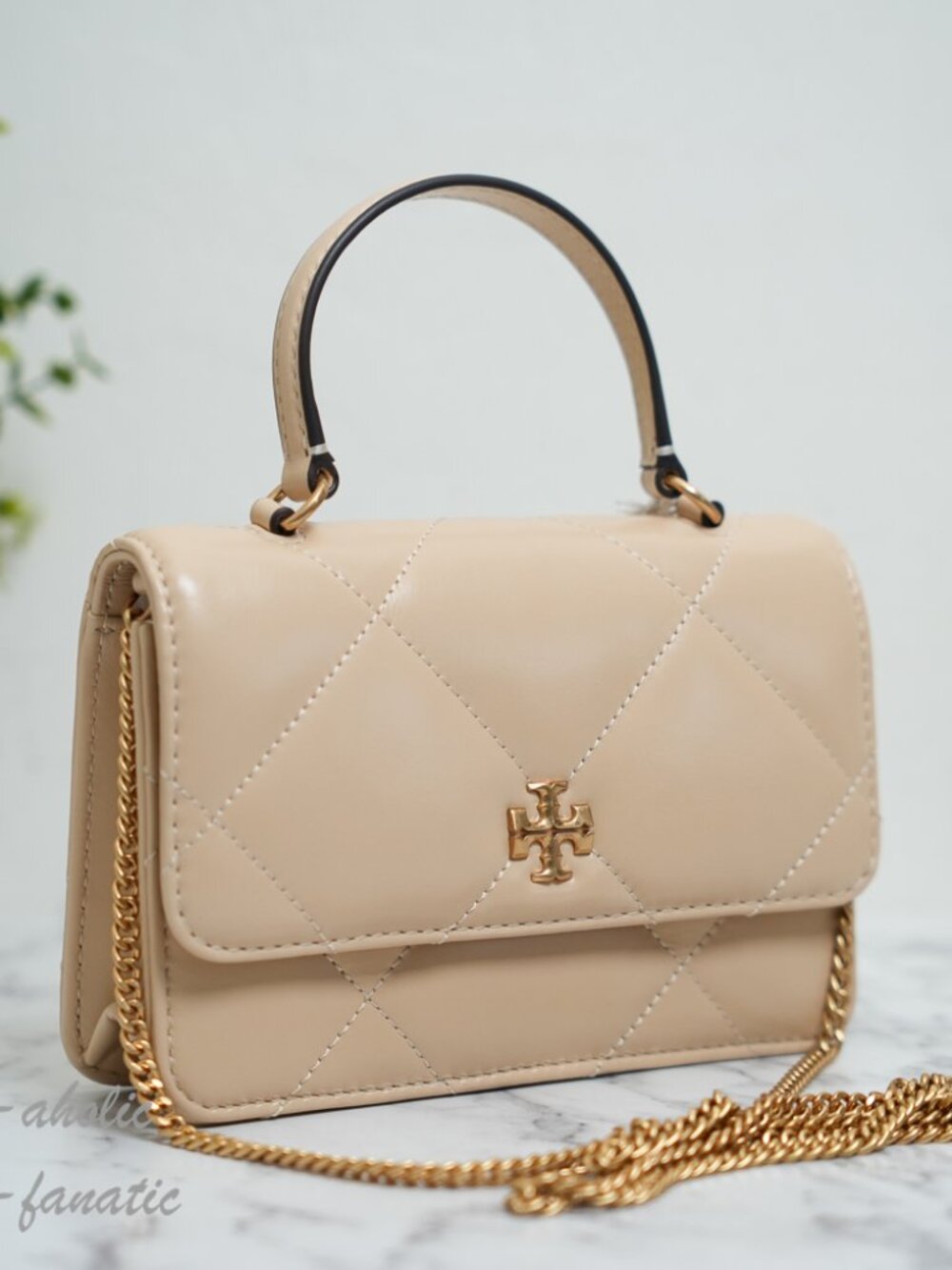 Tory Burch Kira Diamond Quilt Mini Top Handle Chain Wallet Vanilla Soft Serve